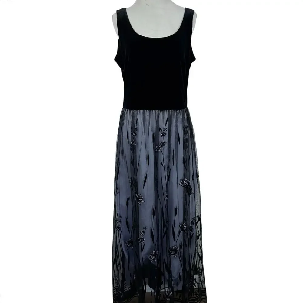 Jessica Howard Velvet Embroidered Maxi Dress Black Formal Evening Gown Size M